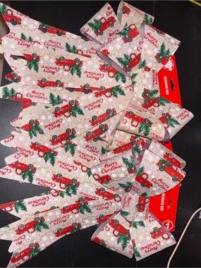 6 Red Truck Christmas Ribbon Bow with Green Trees and Gold Accents